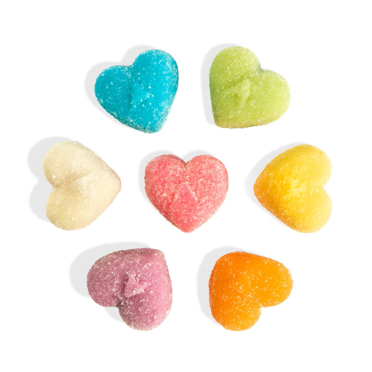 These Share The Love Gummi Hearts are bursting with fruity flavor and dusted with just the right amount of sweetness. Each chewy, heart-shaped gummy comes in a medium sour mix of Blue Raspberry, Strawberry, Mango, Green Apple, Orange, Grape, and Pineapple.  Packed in a 6-ounce bag