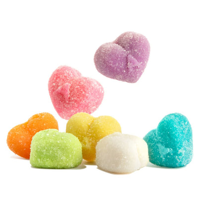 These Share The Love Gummi Hearts are bursting with fruity flavor and dusted with just the right amount of sweetness. Each chewy, heart-shaped gummy comes in a medium sour mix of Blue Raspberry, Strawberry, Mango, Green Apple, Orange, Grape, and Pineapple.  Packed in a 6-ounce bag