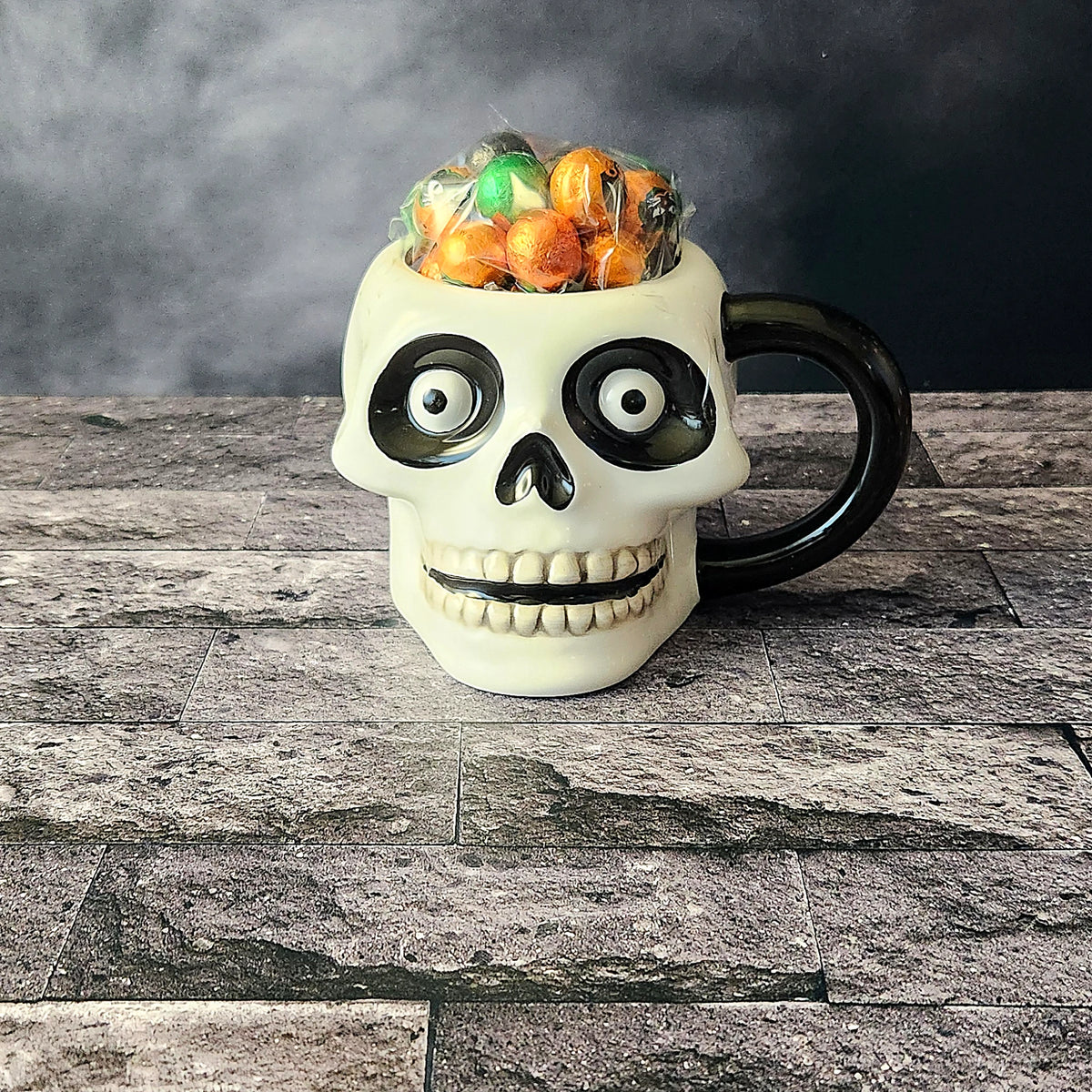 Grinning Skull Halloween Gift Mug with Chocolate