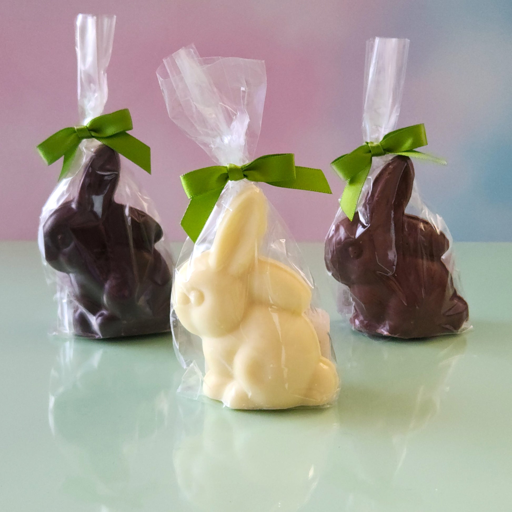 Smooth chocolate bunnies available for your Easter baskets from Stage Stop Candy — Available in dark chocolate, white chocolate and milk chocolate 