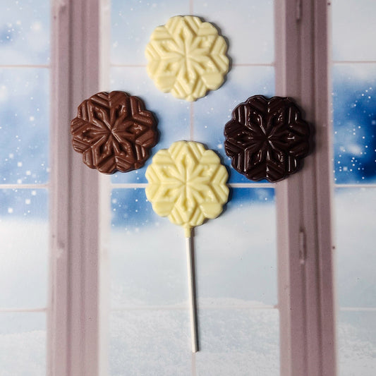 chocolate snowflake lollipops and favors.  Available in milk. dark or white chocolate