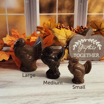 Gobble-up these delicious 3D chocolate turkeys! Made from high-quality milk or dark chocolate, these goodies come in three sizes, perfect for sharing or gobbling all by yourself. Get festive this fall with a Chocolate 3D Turkey Solid!