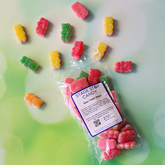 These sour triple bears are a blast of tangy, sour and sweet all packed into a one bear. Each bag holds 6 ounces.
