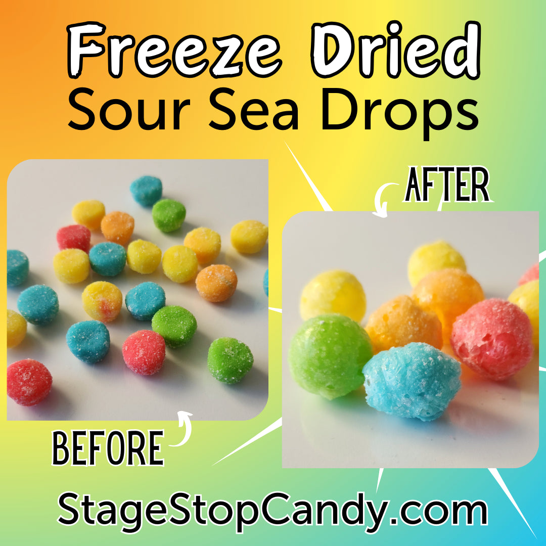 See the difference between our sour gummi sea drops before they are freeze dried to after.