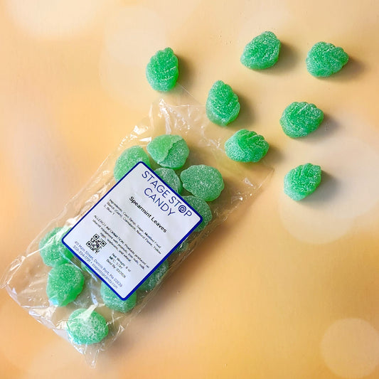 Delicious Spearmint Leaves, packed in a handy 6-ounce bag. These chewy, minty treats offer a burst of cool, refreshing flavor with every bite.