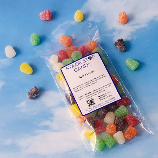 These classic Spice Flavored Gum Drops bring back childhood memories. Packed in a 6 ounce bag. Traditional spice flavors include: peppermint, wintergreen, anise, cinnamon and clove.