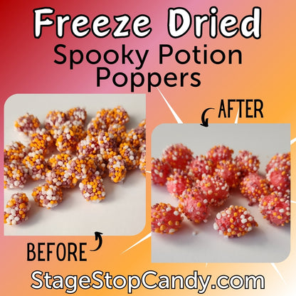 Spooky Potion Poppers.  These delightful treats start as gummi candies, bursting with fruity flavors, and are magically transformed into crunchy, airy puffs through the freeze-drying process.  Packed in a convenient 1-ounce bag