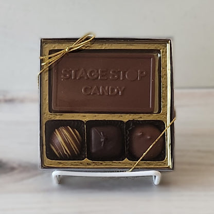 A small chocolate assortment with the Stage Stop Candy Logo printed on a solid chocolate bar. Perfect for a Cape Cod Souvenir. 