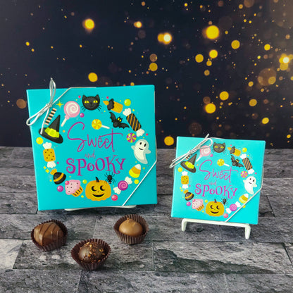 This Sweet and Spooky Assortment Box is a collection of our popular handmade chocolates. Available in 9-piece or 16-piece boxes, this assortment features a mix of milk and dark chocolate truffles, creams, caramels, and meltaways.
