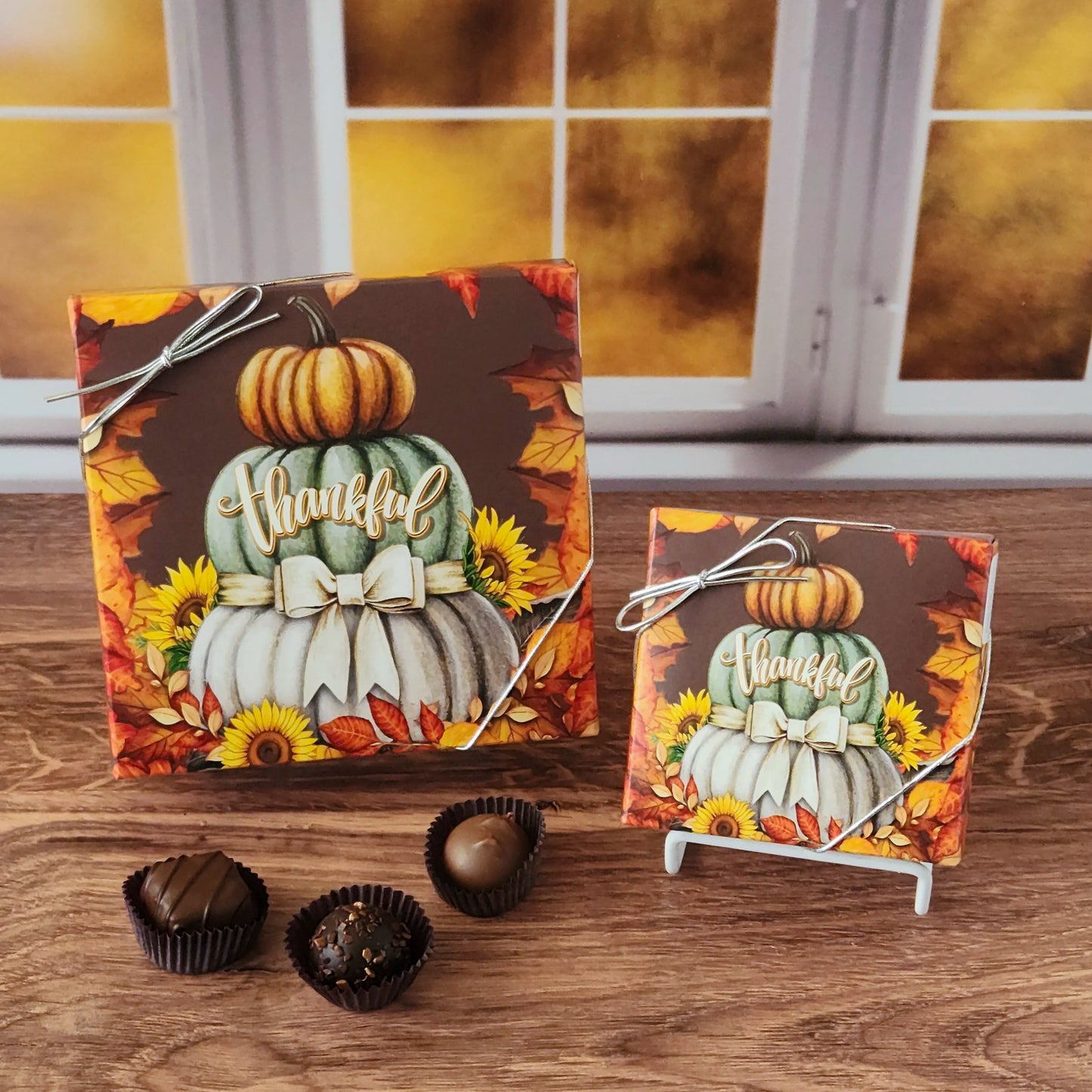 Celebrate the sweetness of the season with our Thankful Fall Chocolate Assortment!  Available in a 9-piece or 16-piece box, this collection is filled with rich milk and dark chocolates, crafted in small batches right here in our candy kitchen.  Each bite is a surprise of flavor and texture, featuring silky creams, gooey caramels, melt-in-your-mouth meltaways, and decadent truffles that capture everything we love about fall.