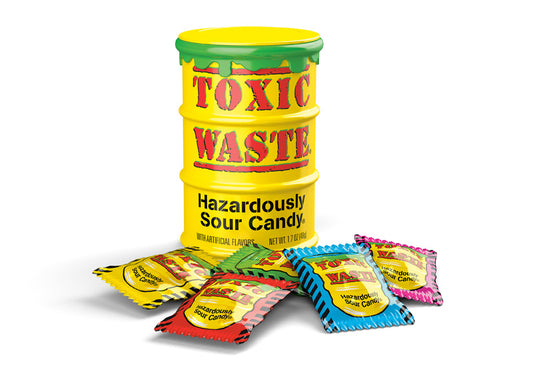 Special edition Toxic Waste® drums filled with the popular double action sour hard candy.
This listing is for 1 drum. Color of drum will be picked at random.