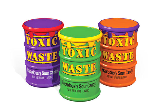 Special edition Toxic Waste® drums filled with the popular double action sour hard candy.
This listing is for 1 drum. Color of drum will be picked at random.