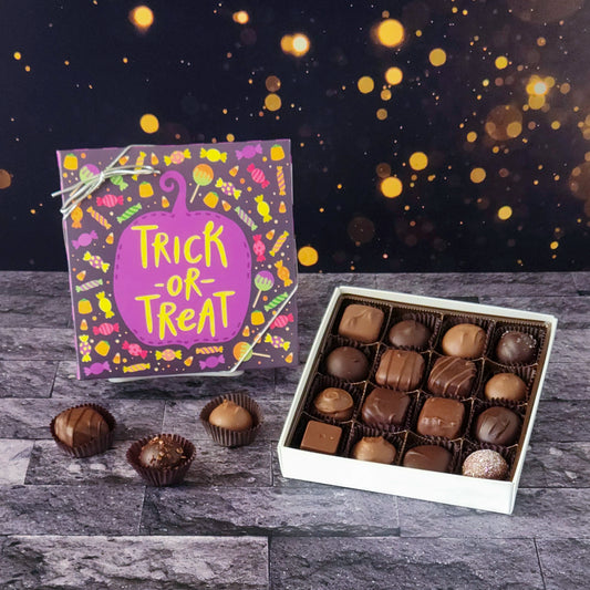 Enjoy a spellbinding variety of truffles, creams, caramels, and meltaways with our trick or treat milk and dark chocolate assortment box.  
16 piece box