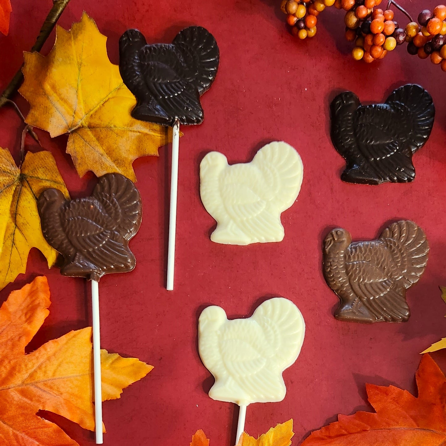 Delight your guests with these cute and delicious Chocolate Turkeys, available in Milk, Dark, and White Chocolate varieties. A perfect addition to your holiday table!