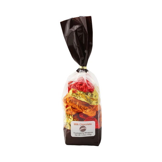 This festive assortment of Milk Chocolate Thanksgiving shapes includes Mayflowers, Pilgrims, and Cornucopias.
Eleven individually wrapped chocolate pieces in colored foils, packaged in a colorful fall bag. (5.1 oz - 5.4 oz)