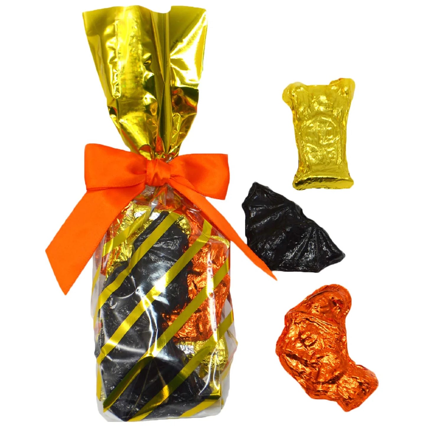 Bag of Vermont Nut Free 12 solid chocolate miniatures. Shapes include witches, bats, and ghosts all individually foil wrapped in black, orange, and gold foils.
Available in milk chocolate (4.9 oz - 5.6 oz).