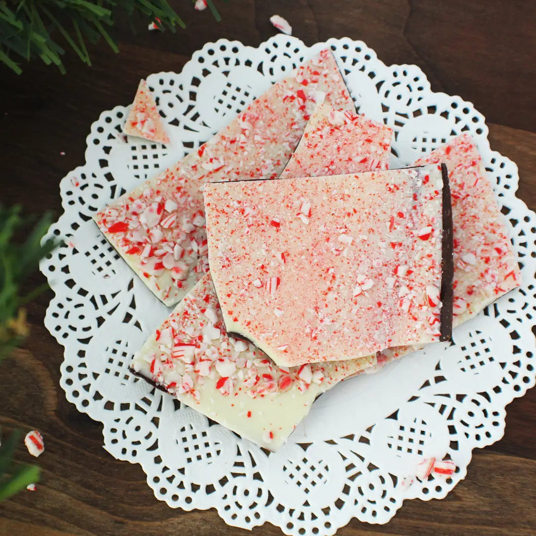 Vermont nut free Peppermint Crunch Bark.
Dark Chocolate and White Chocolate