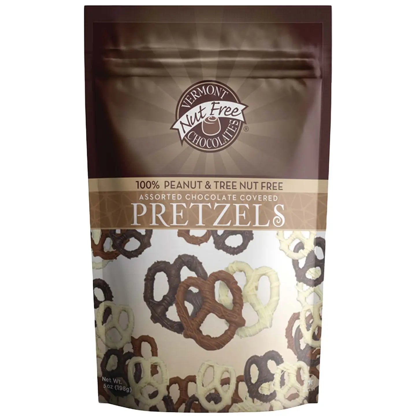 Vermont nut free pretzel assortment in 5 ounce bag.  milk chocolate, dark chocolate and white chocolate