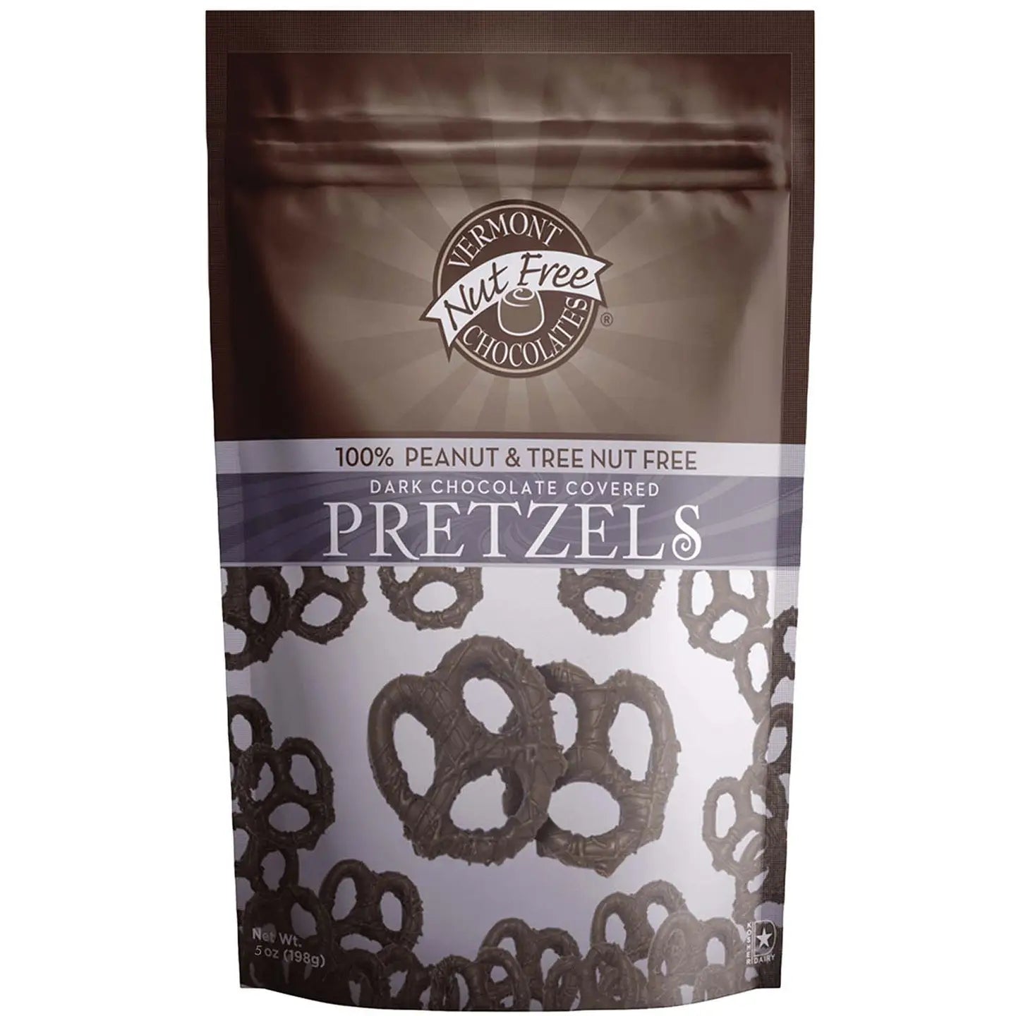 Vermont nut free Dark Chocolate pretzels in 5 ounce bag