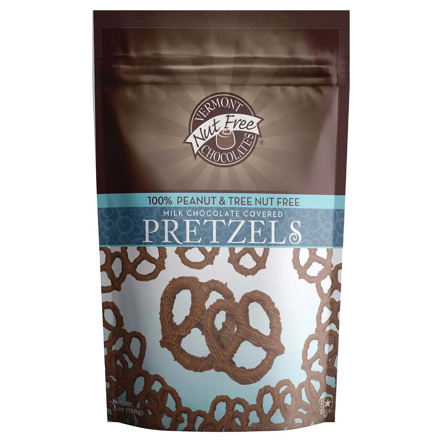 Vermont nut free Milk Chocolate pretzels in 5 ounce bag