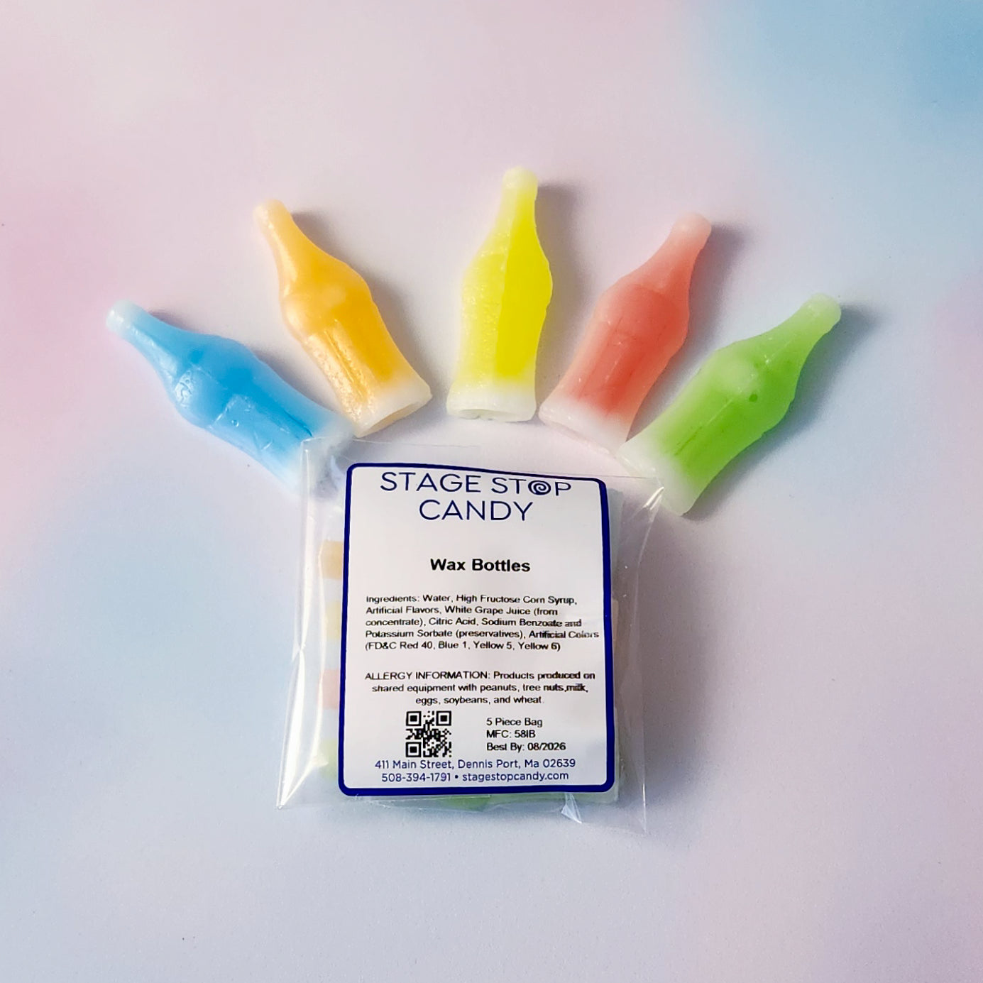 wax bottles filled with fruity flavors. 5 bottles per bag.