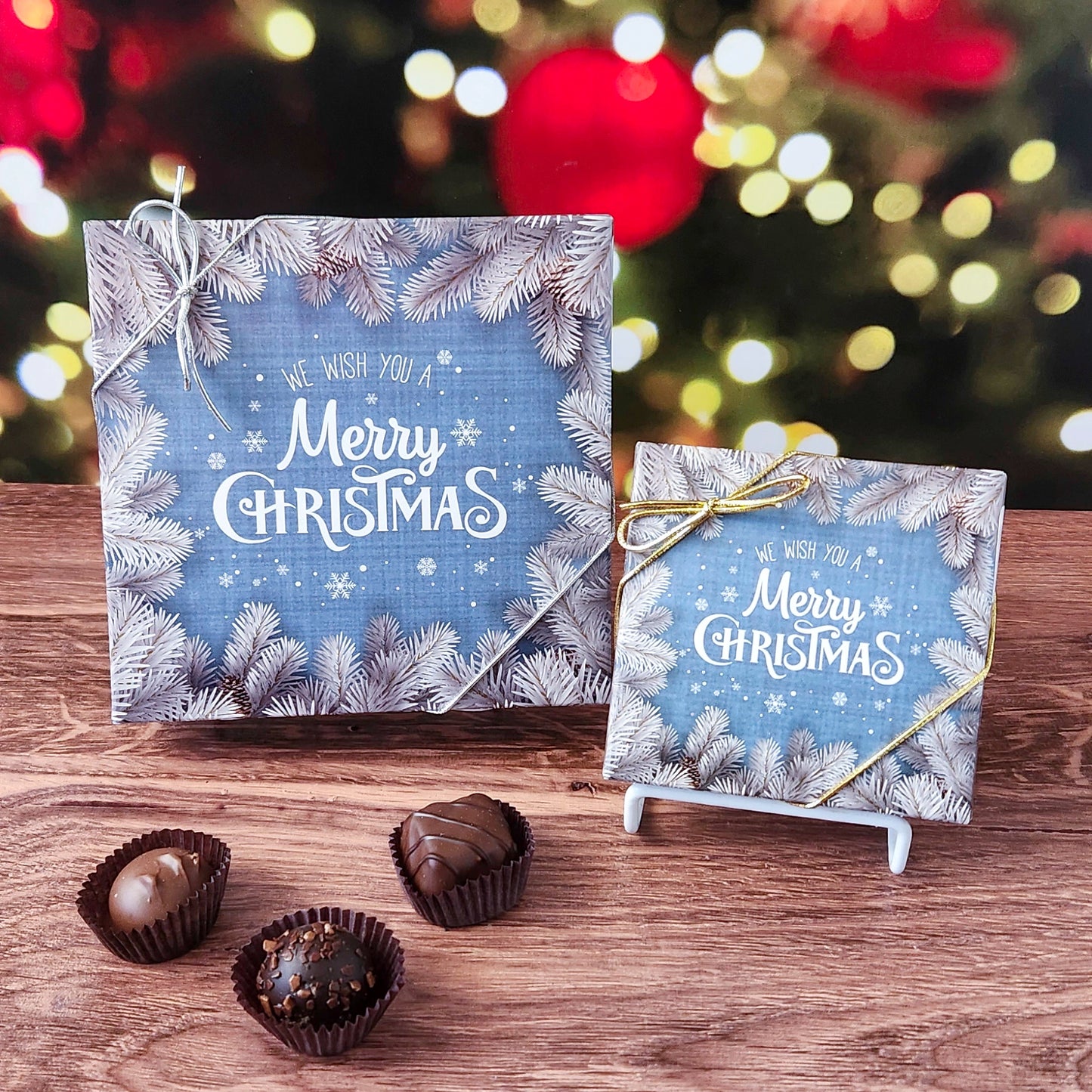 We Wish You A Merry Christmas Chocolate Box.  A festive assortment of our most popular milk and dark chocolates, available in your choice of a 9 or 16 piece box.   Inside, you’ll discover a handcrafted variety of gooey caramels, rich truffles, creamy centers, and smooth melt-aways.