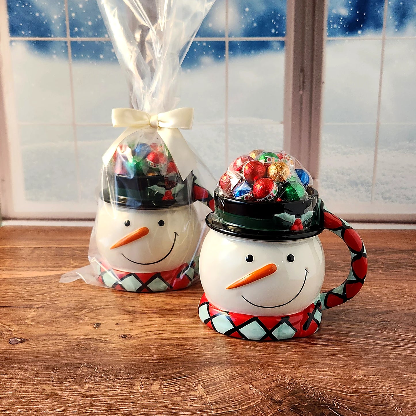 Whimsical Snowman Gift Mug with Chocolate