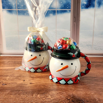 Whimsical Snowman Gift Mug with Chocolate