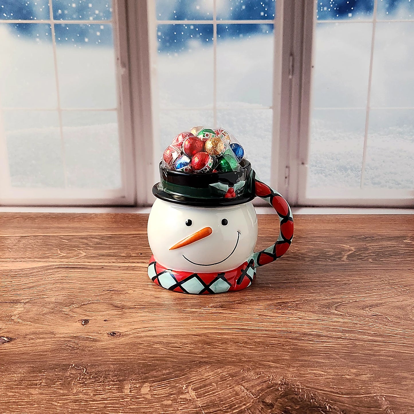 Whimsical Snowman Gift Mug with Chocolate
