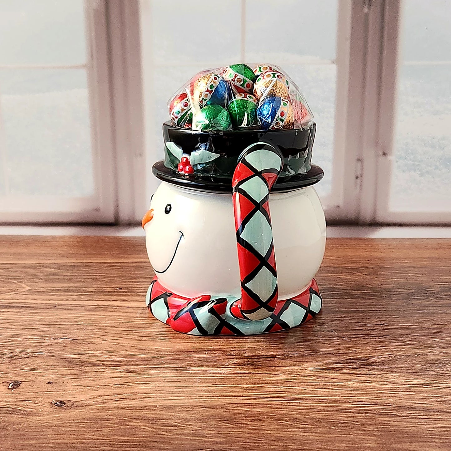 Whimsical Snowman Gift Mug with Chocolate