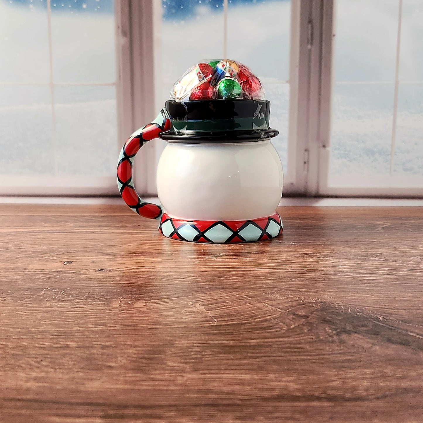 Whimsical Snowman Gift Mug with Chocolate