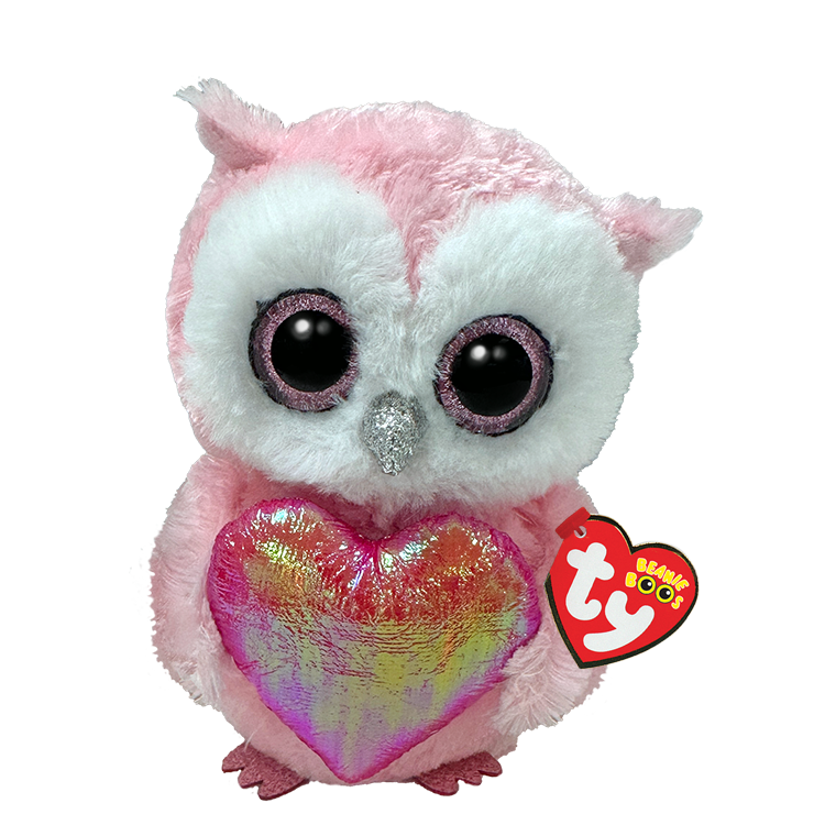 Whisper, a pink and white Ty Beanie Boo owl plush with sparkly eyes, a glitter beak and a shiny rainbow heart