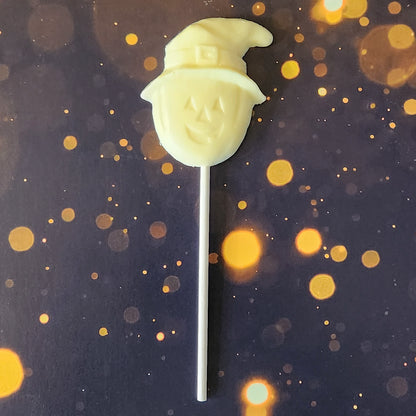 White Chocolate Pumpkin wearing witch hat lollipop