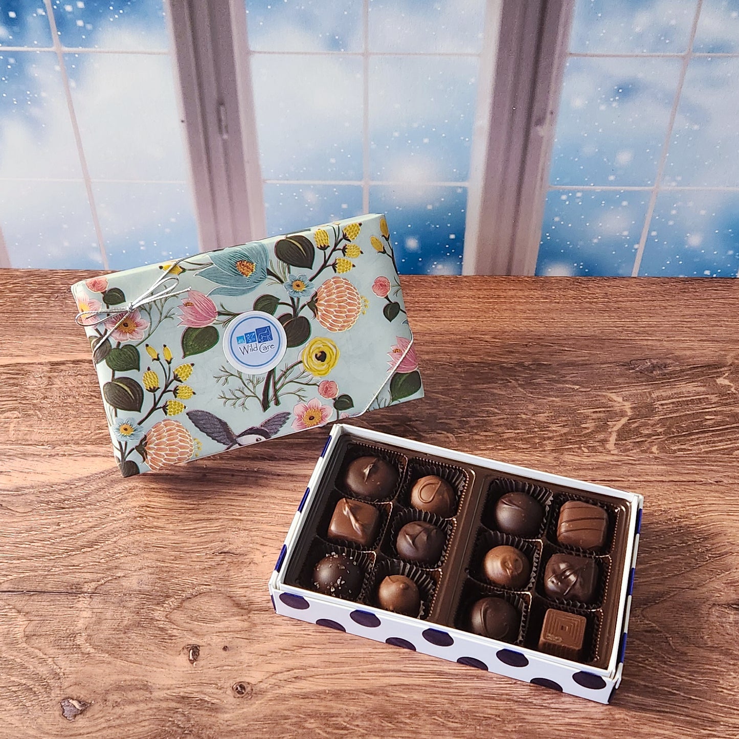 A delicious 12 piece assortment of our most popular pieces. Consisting of handmade caramels, cream centers, and meltaways dipped in milk or dark chocolate. The best part is $5.00 from every box purchased goes to Wild Care Cape Cod making it the gift that keeps on giving!