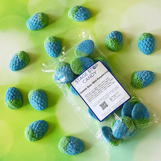 Stage Stop Candy gummy sour wild raspberries on a green background