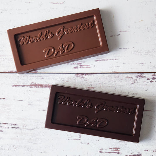 A chocolate candy bar available in either Milk or Dark Chocolate. World's Greatest Dad is written on the bar making it the perfect gift for Dad this Father's Day.