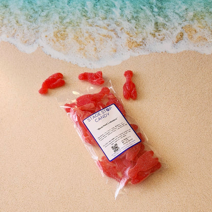 sour gummi lobsters packed in a 6 ounce bag.