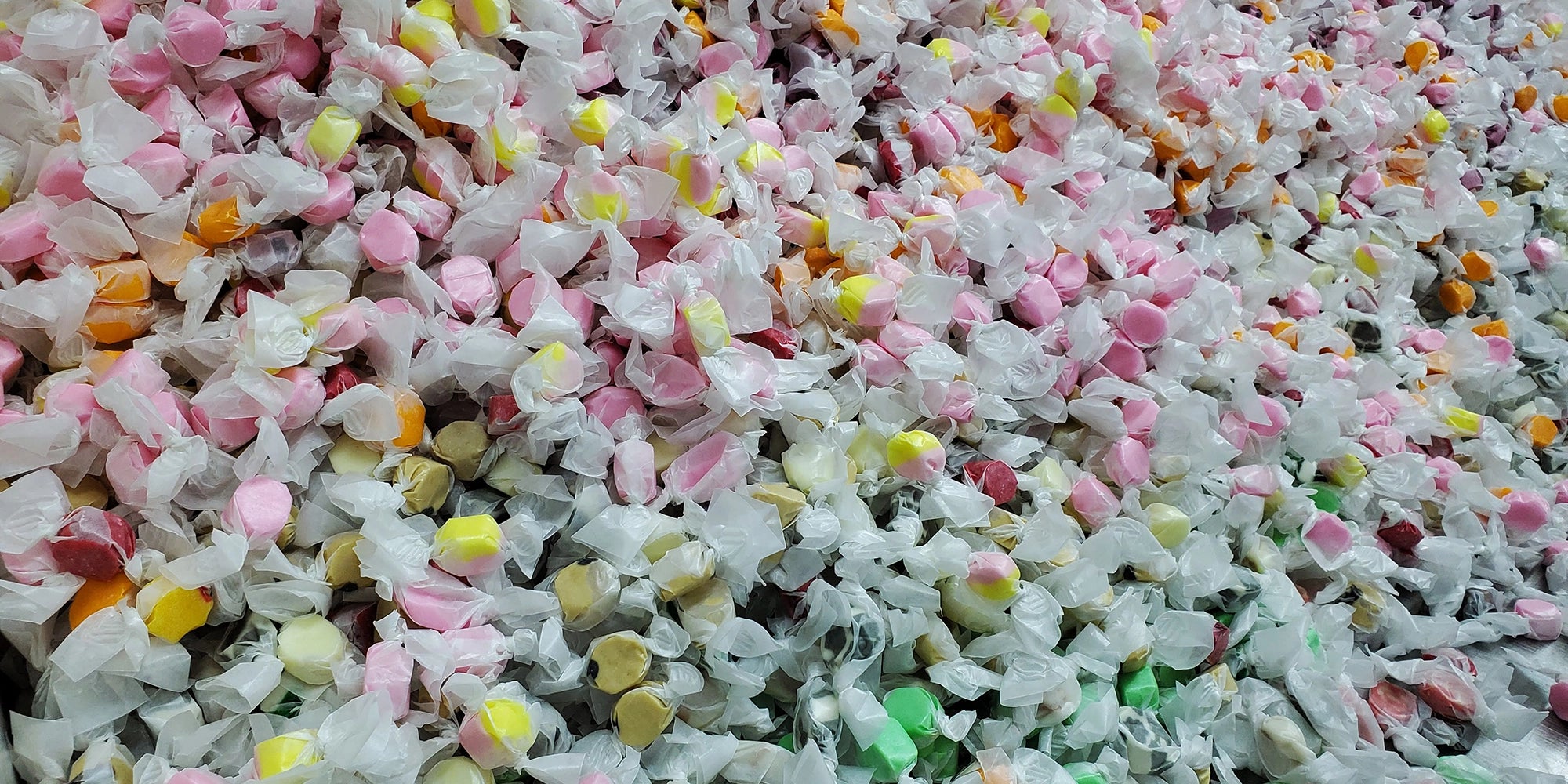 Assorted flavors of salt water taffy hand made at Stage Stop Candy in Dennisport, MA