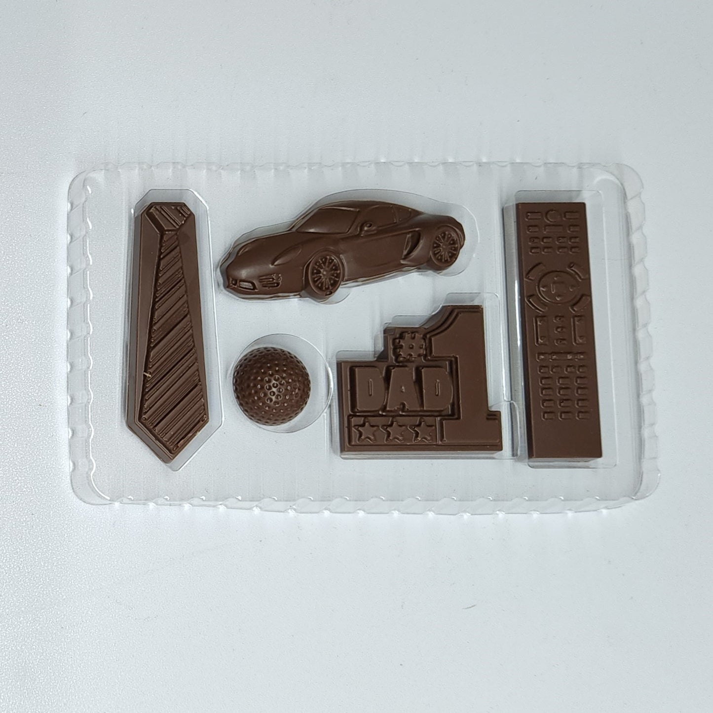 Father's Day Chocolate Gift Box with chocolate necktie, golfball, race car, remote control and '#1 Dad'
