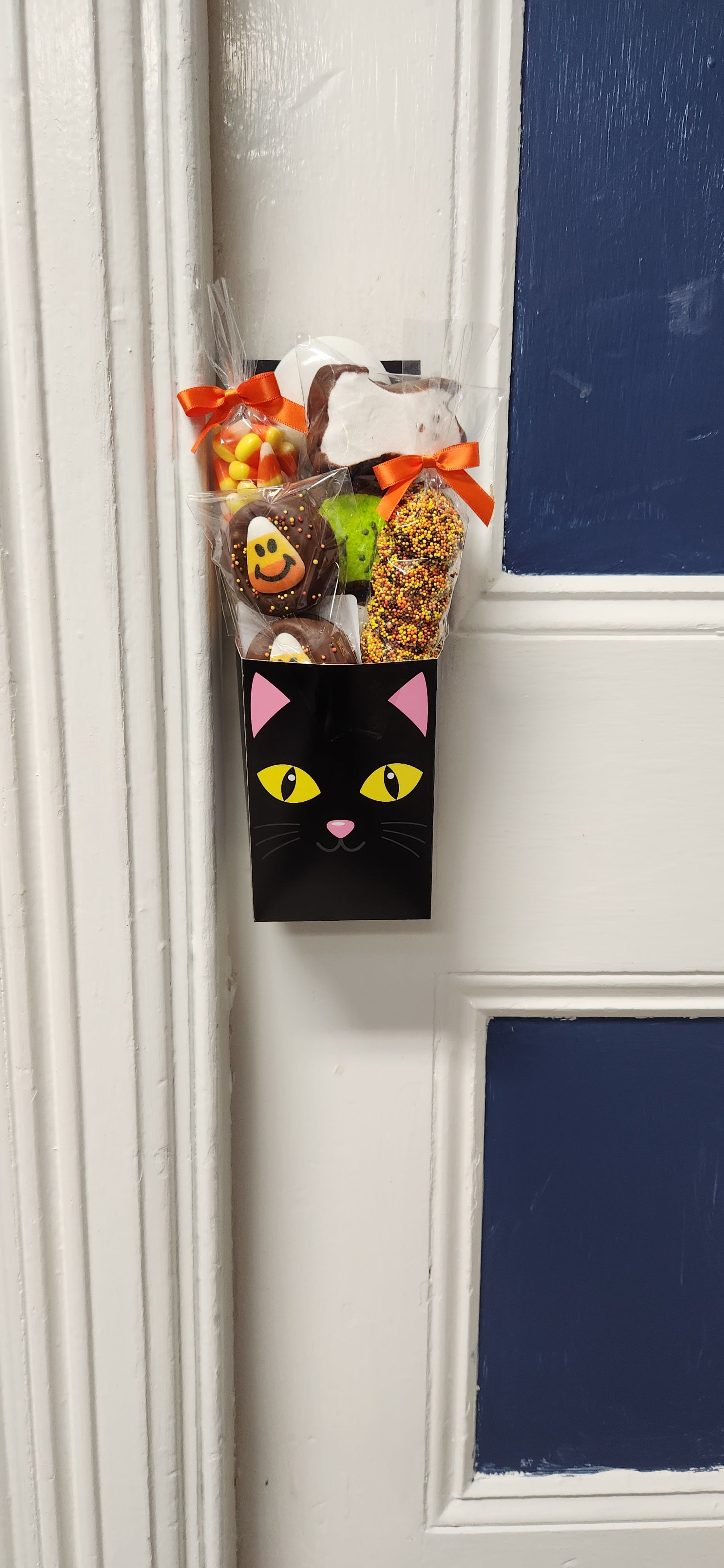 A Halloween Door Hanger pictured in use on a blue and white door