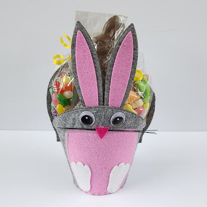 Grey Bunny Easter Basket filled with chocolate and candies from Stage Stop Candy in Dennisport