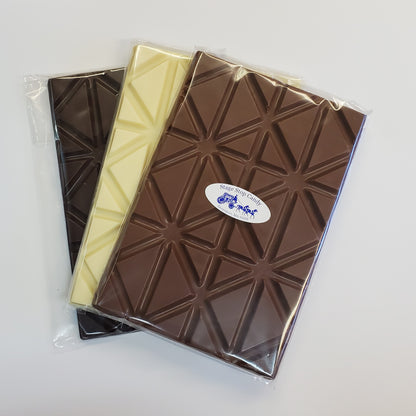 A collection of milk, dark & white chocolate bars from Stage Stop Candy
