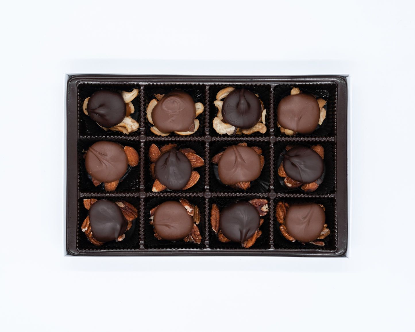 12 Piece Milk and Dark Chocolate Caramel Nut Cluster Assortment