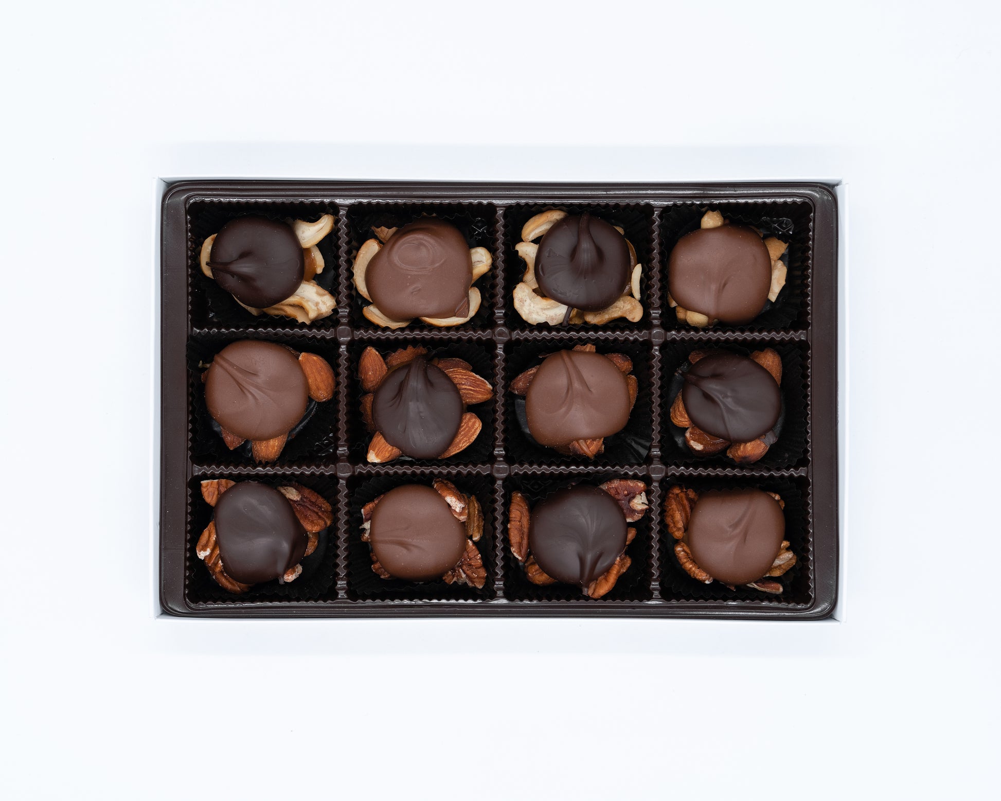 12 Piece Milk and Dark Chocolate Caramel Nut Cluster Assortment