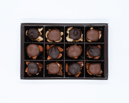 12 Piece Milk and Dark Chocolate Caramel Nut Cluster Assortment