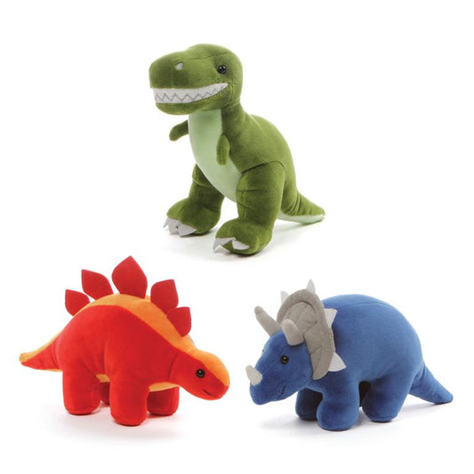 Assorted 7" stuffed dinosaur chatter plush toy that make noise when squeezed
