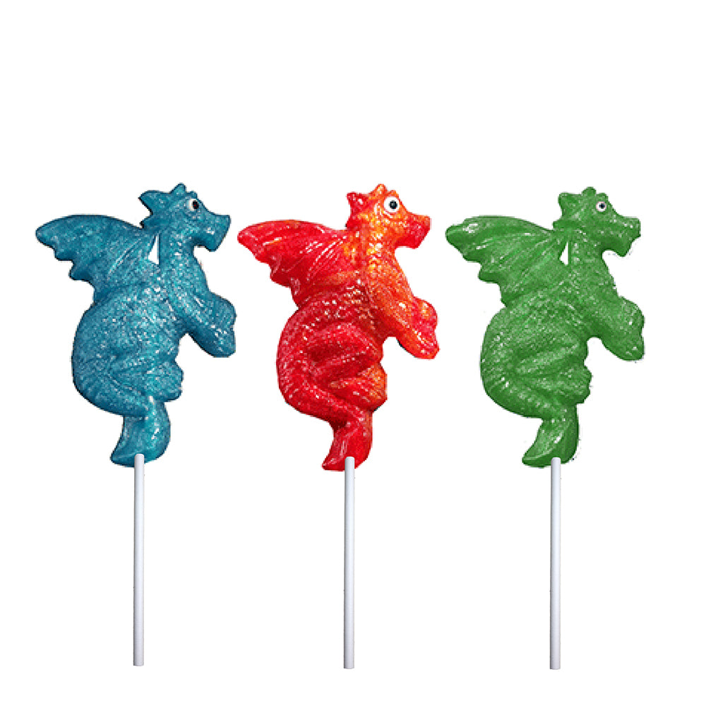 Dragon hard Candy Lollipops in blue, red and green