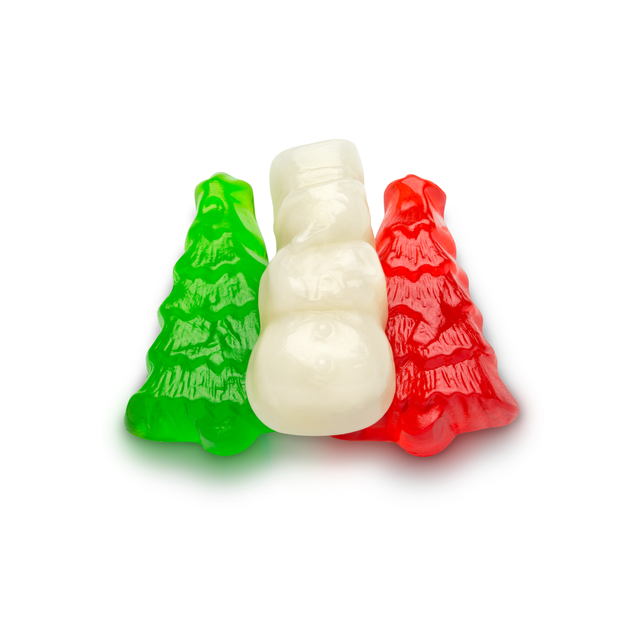 Festive green tree, white snowman and red tree gummies