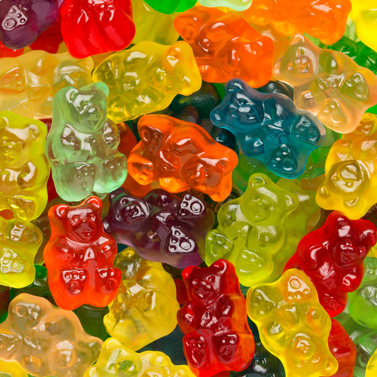 Closeup of 12 Flavors of Gummy Bears 