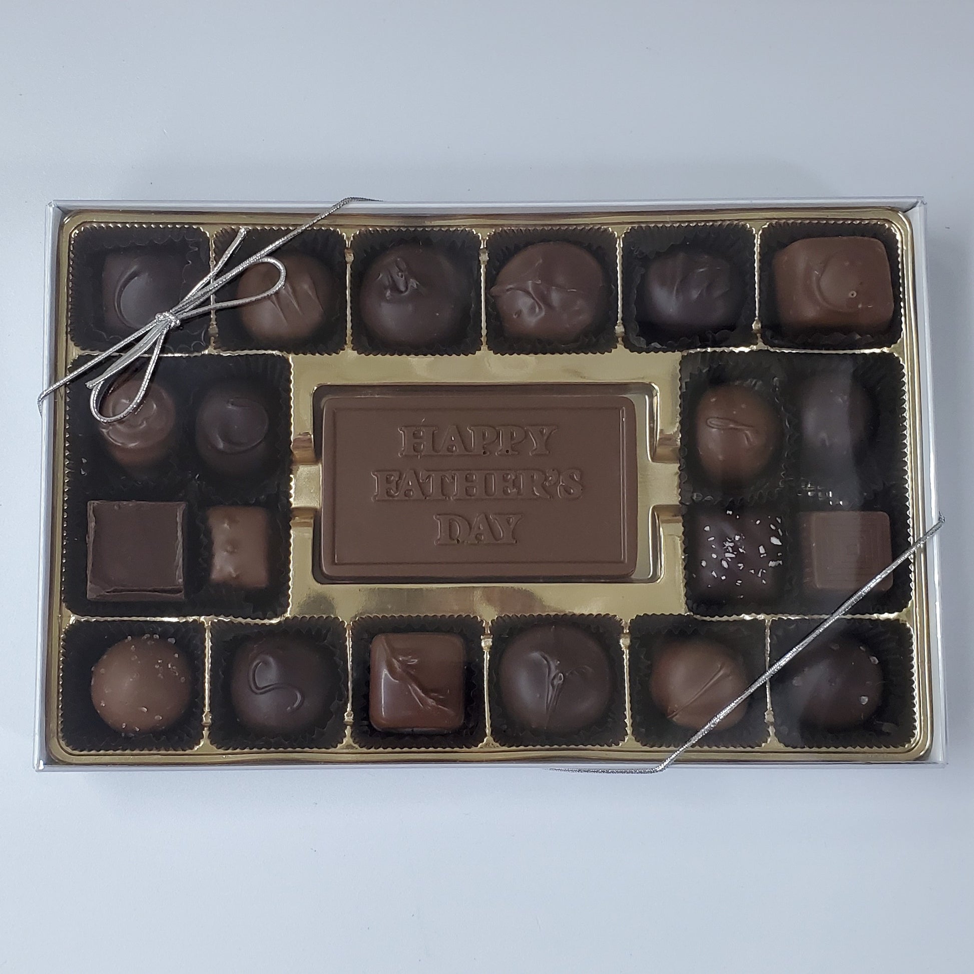 20 Assorted of our Most Popular Hand Made Chocolates in a Decorative Box  with 'Happy Father's Day' Chocolate Greeting Card